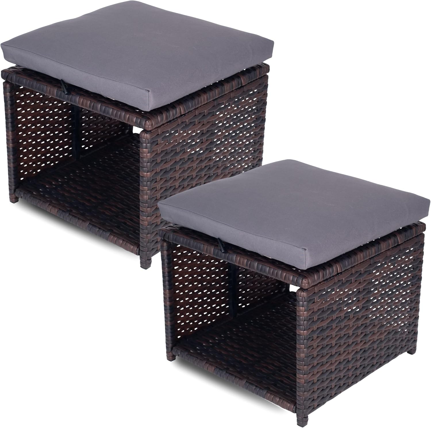 2 Pack All-Weather Wicker Ottoman with Hidden Storage