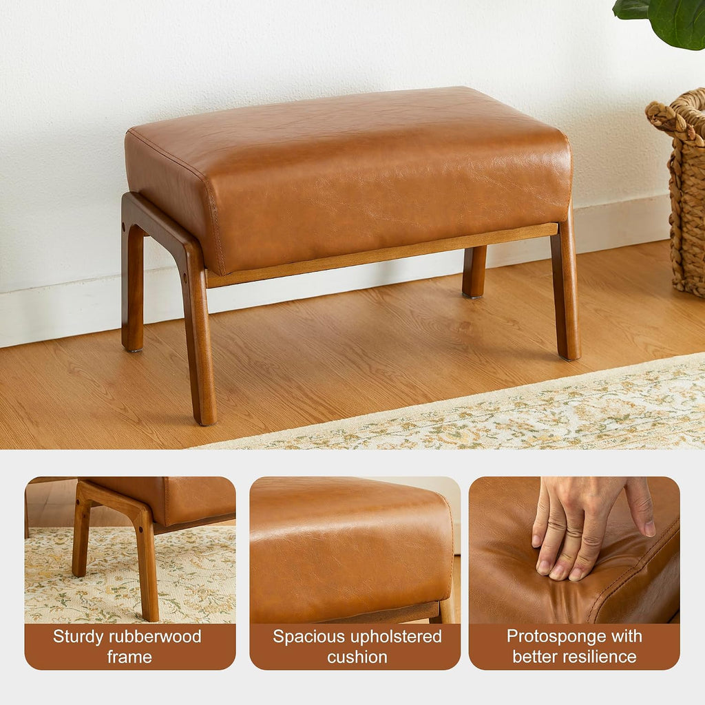 Brown Leatherette Wood Frame Padded Foot Stool