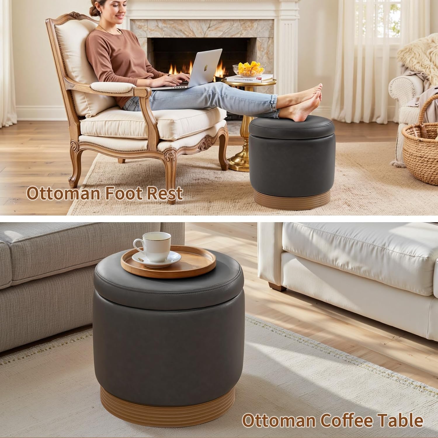 Grey Faux Leather Round Swivel Tray Top Ottoman
