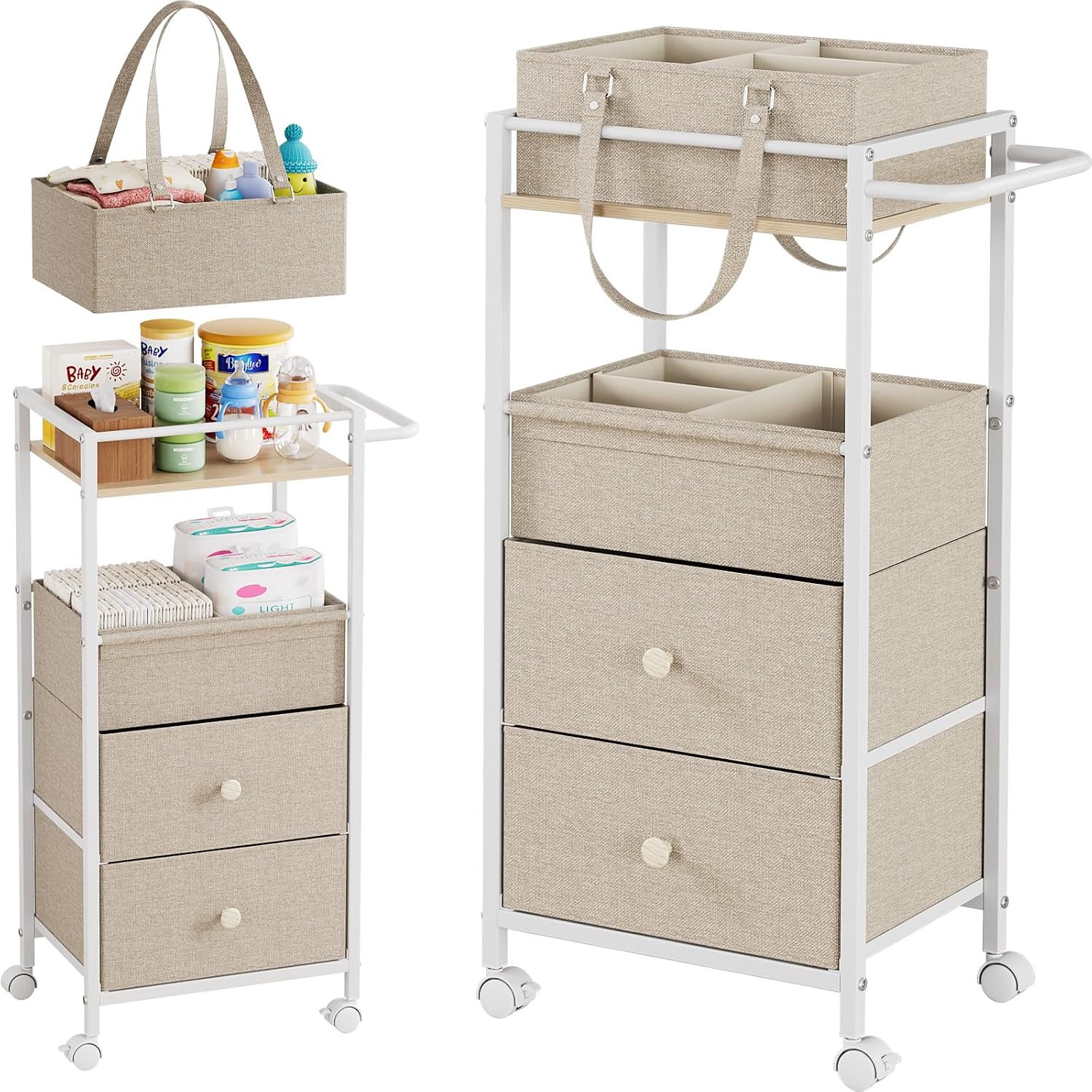 Off White 3-In-1 Rolling Diaper Storage Cart
