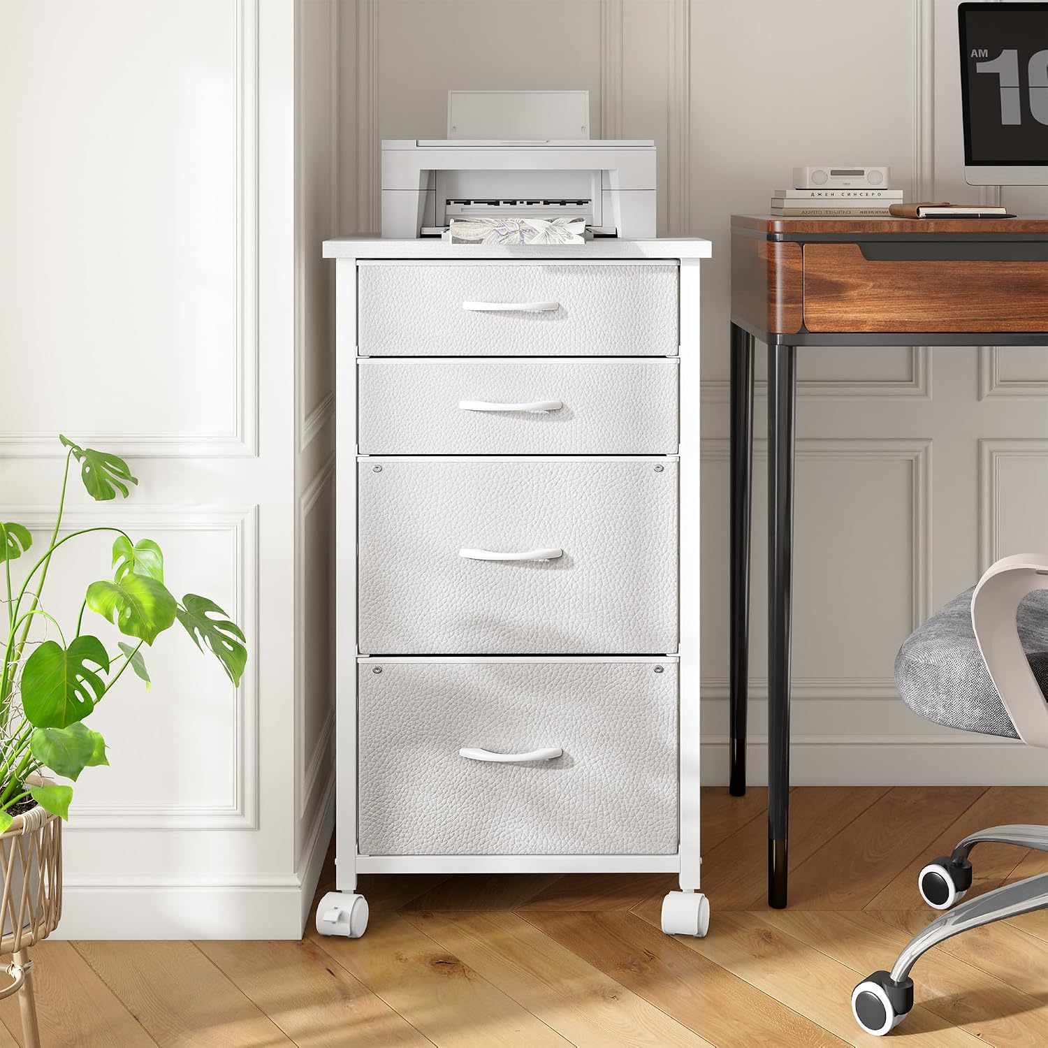 White Rolling Lockable Fabric Drawer File Cabinet
