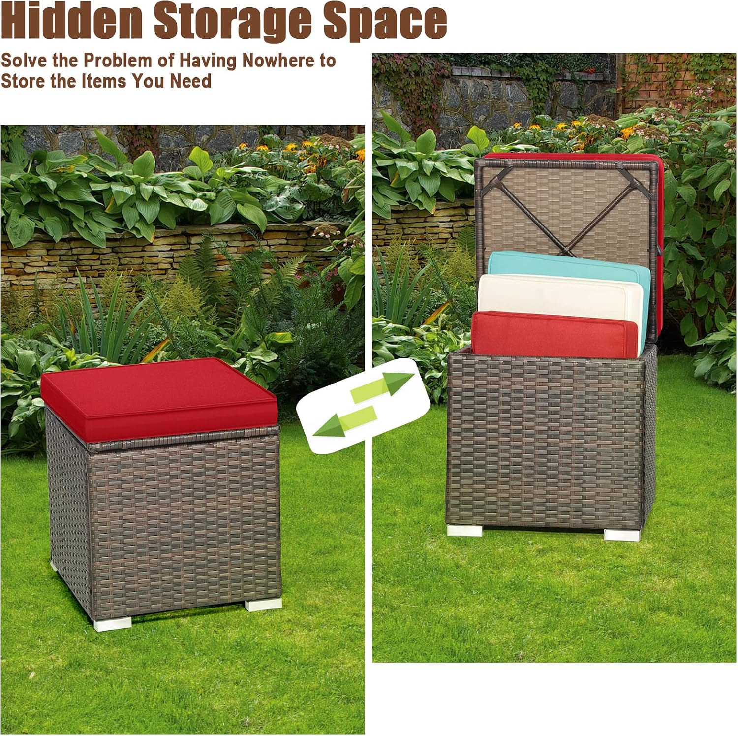 2 Pack PE Rattan Outdoor Ottoman with Soft Cushions