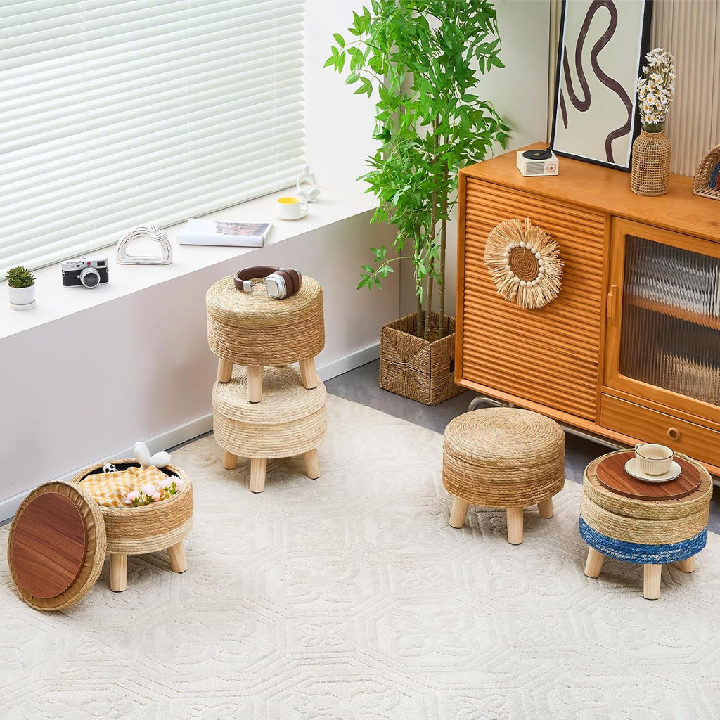 Natural Seagrass Round Storage Ottoman with Wood Legs