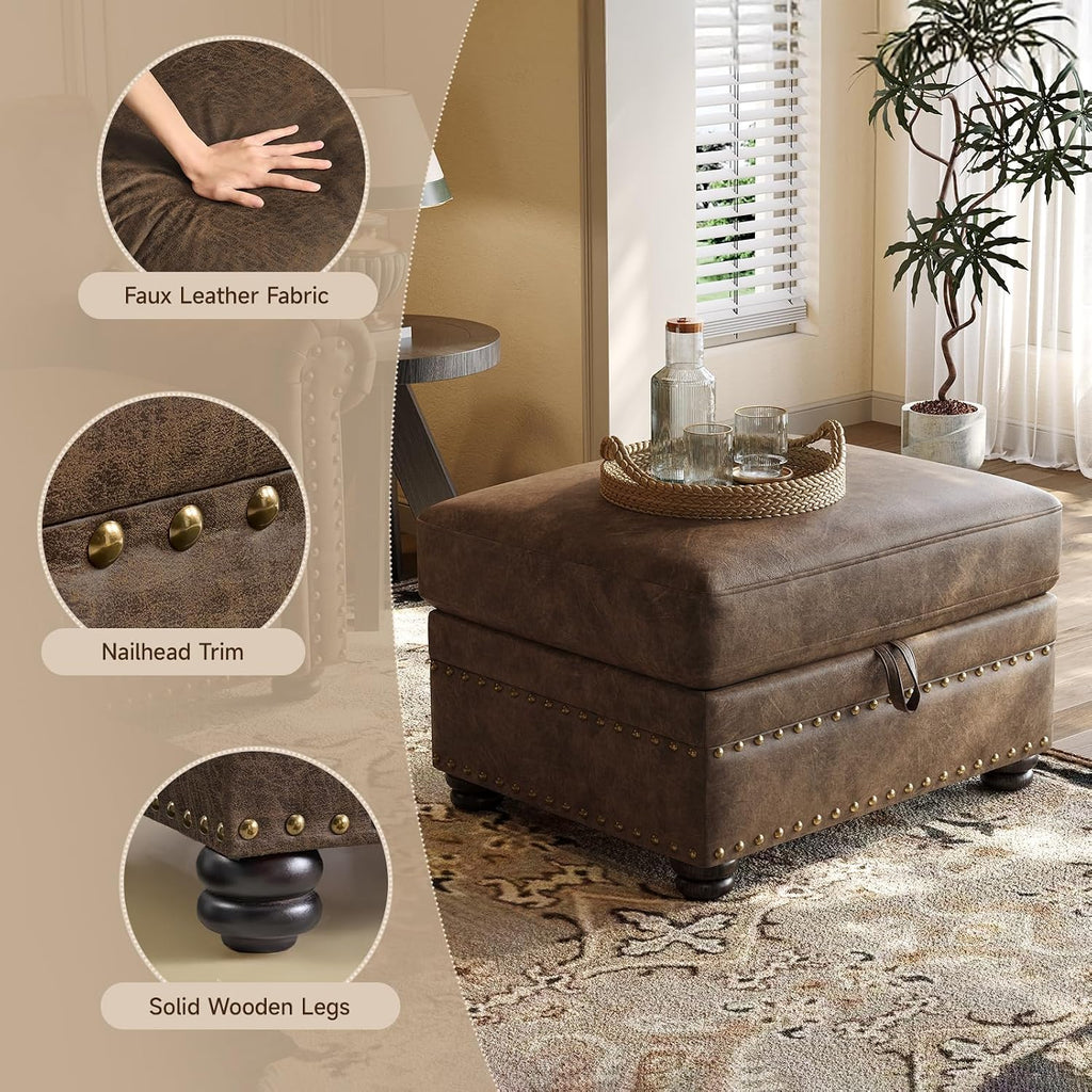Brown Nailhead Trim Leather Storage Ottoman Bench