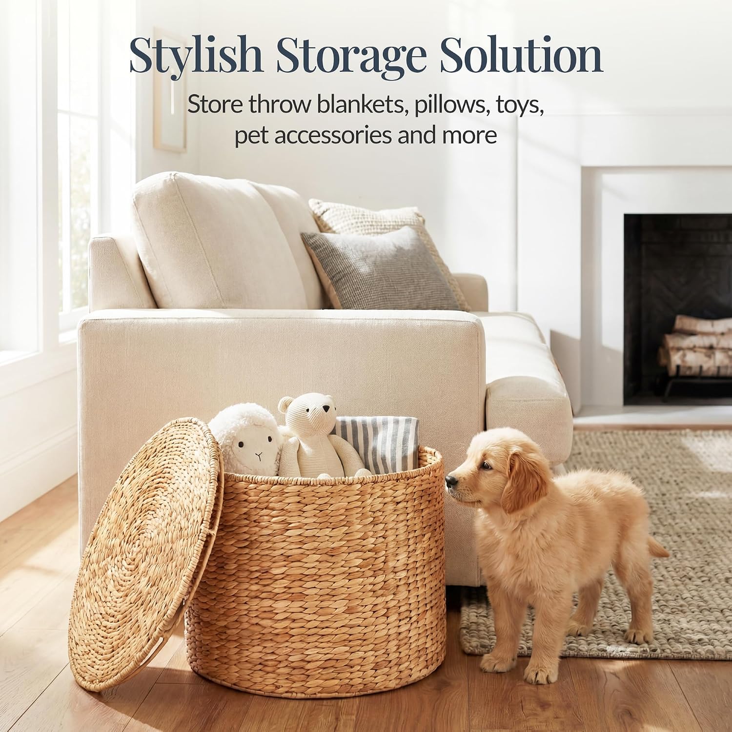 Large Handwoven Water Hyacinth Round Storage Ottoman