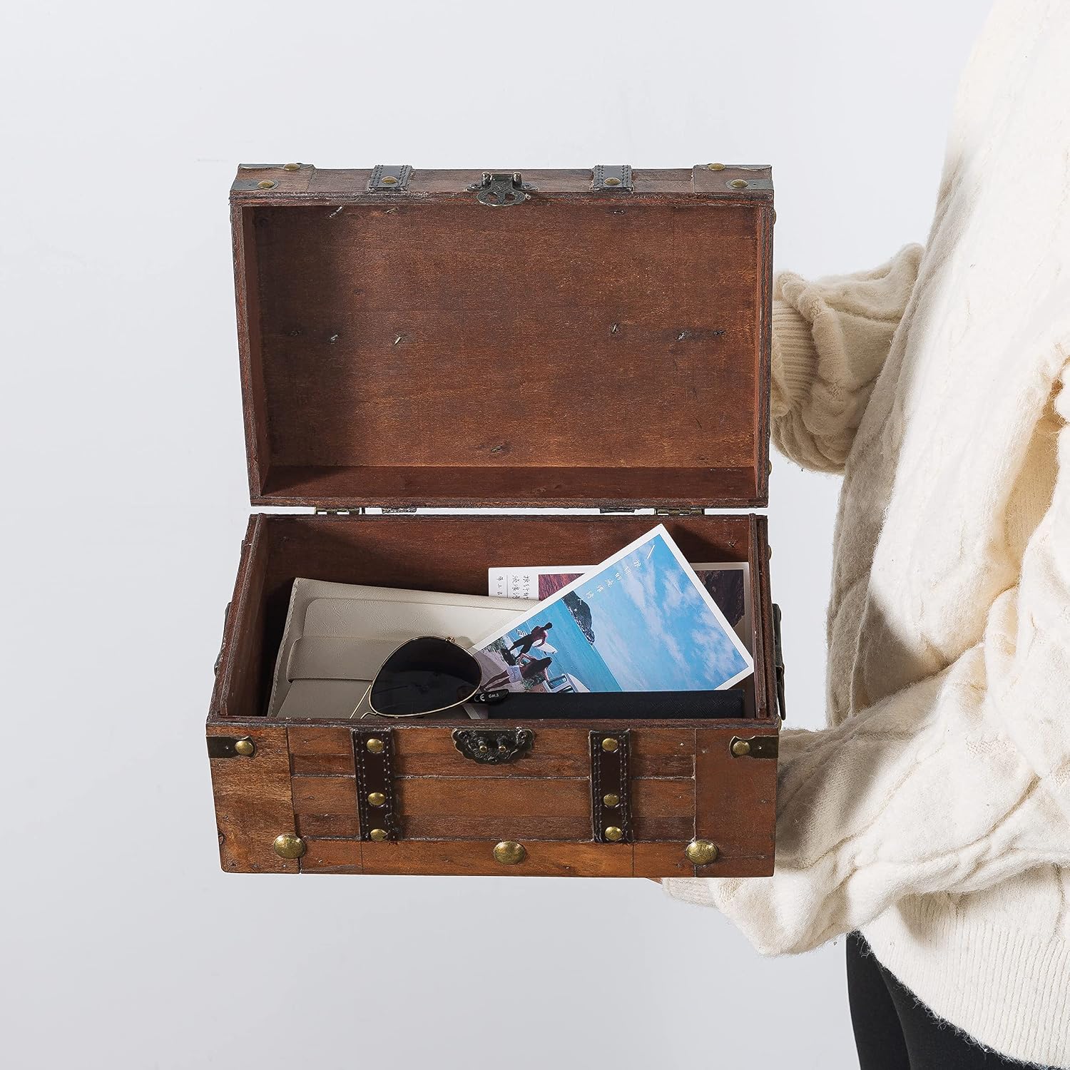 Vintage Small Wooden Treasure Chest with Hinged Lid