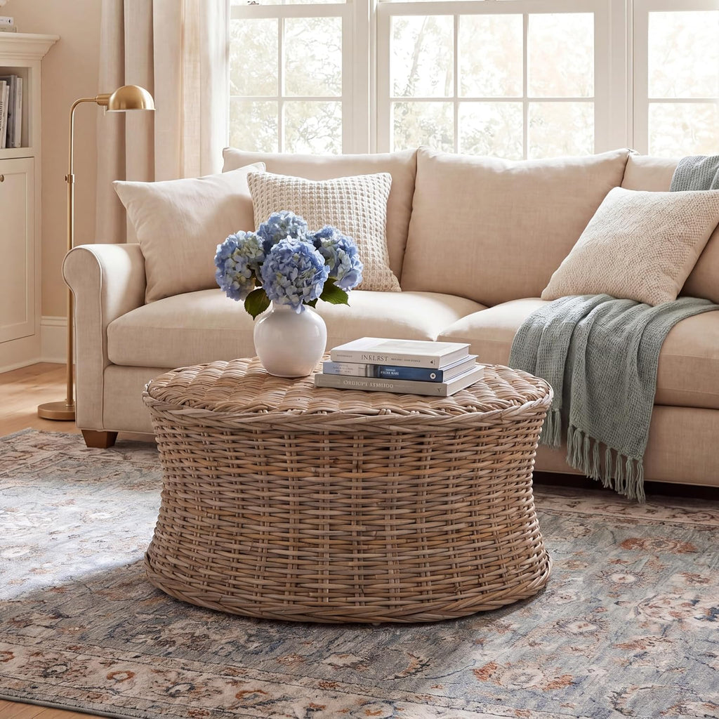 Natural Handwoven Rattan Round Coffee Table Ottoman