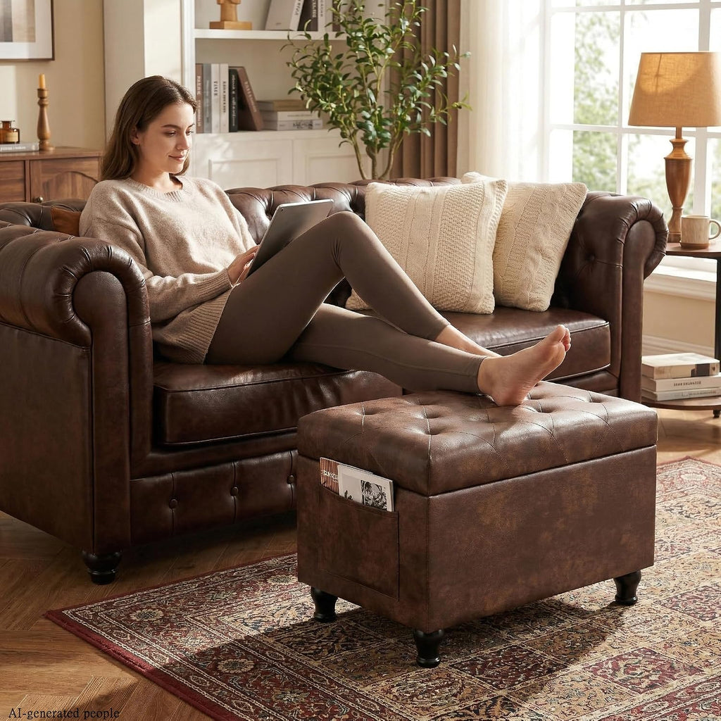 Brown Rectangular Leather Storage Ottoman Bench 24 Inch