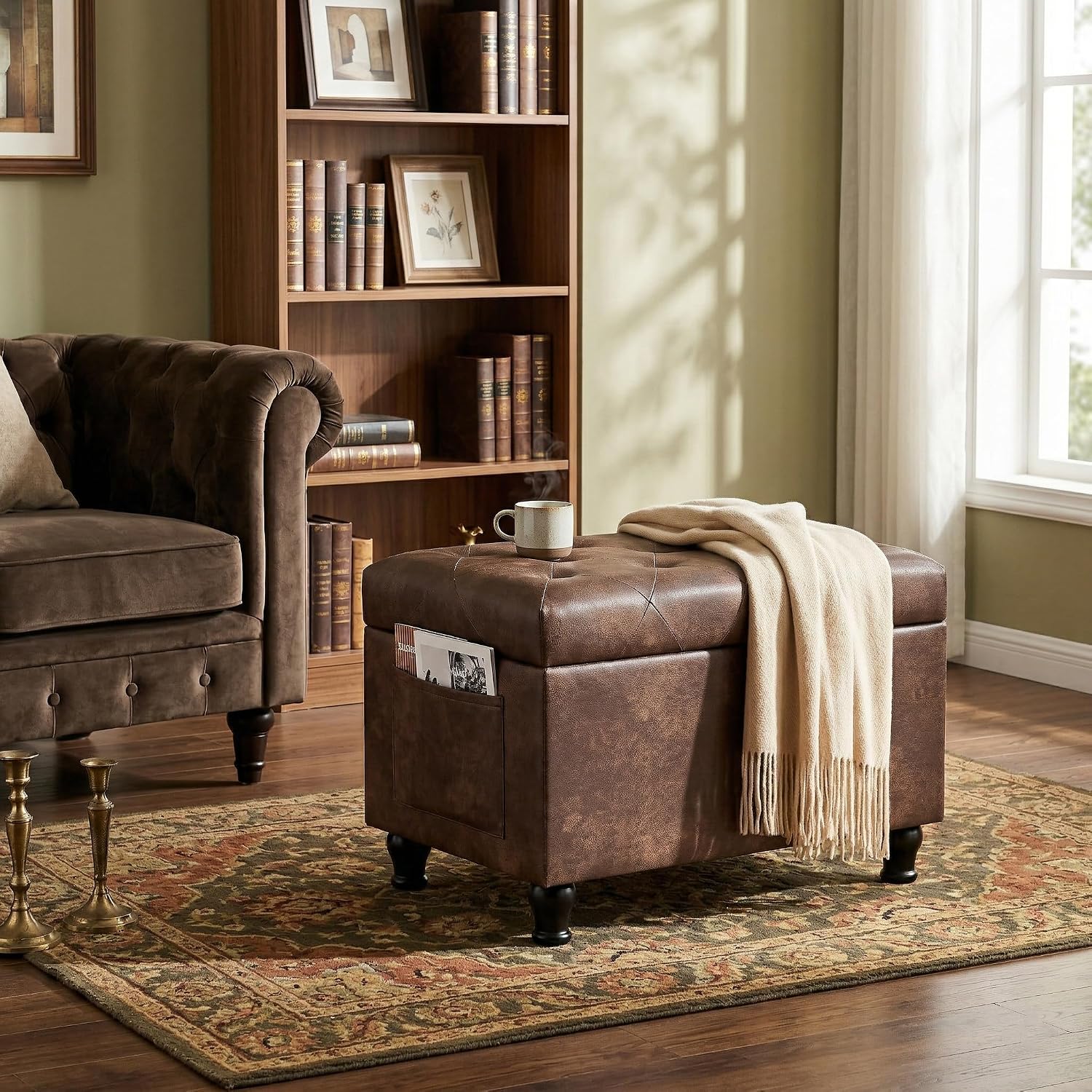 Brown Rectangular Leather Storage Ottoman Bench 24 Inch