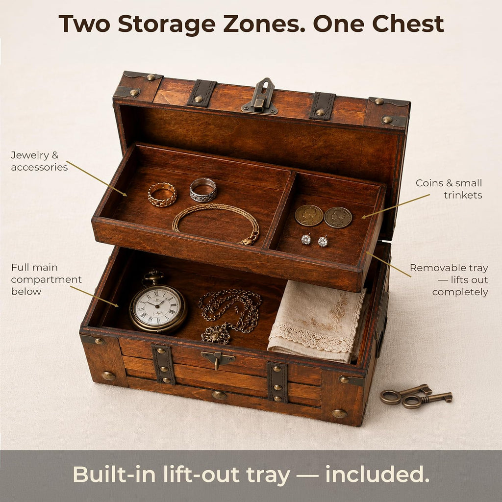 Small Wooden Treasure Chest with Tray & Antique Lock