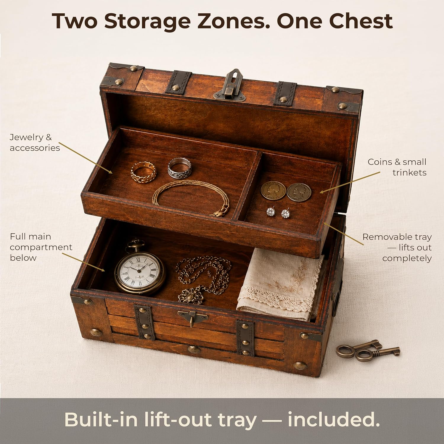 Small Wooden Treasure Chest with Tray & Antique Lock