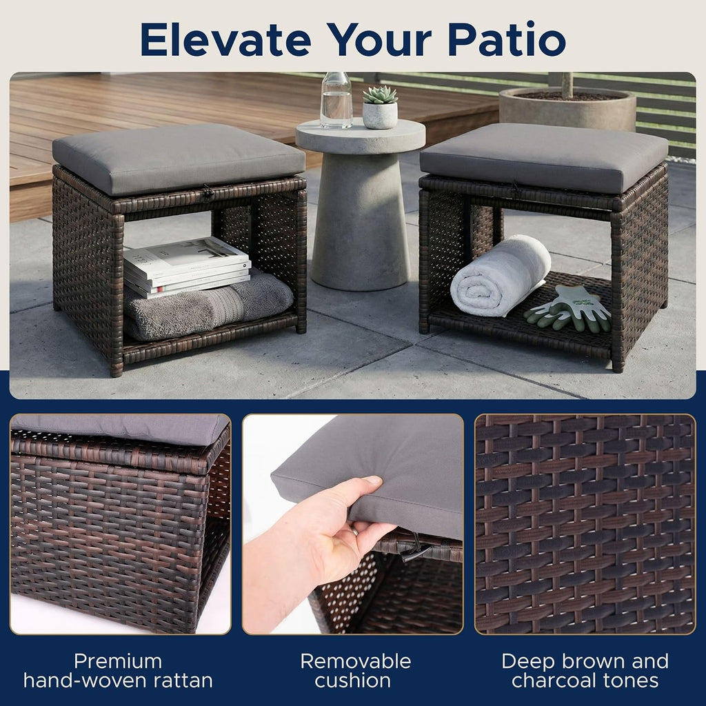 2 Pack All-Weather Wicker Ottoman with Hidden Storage