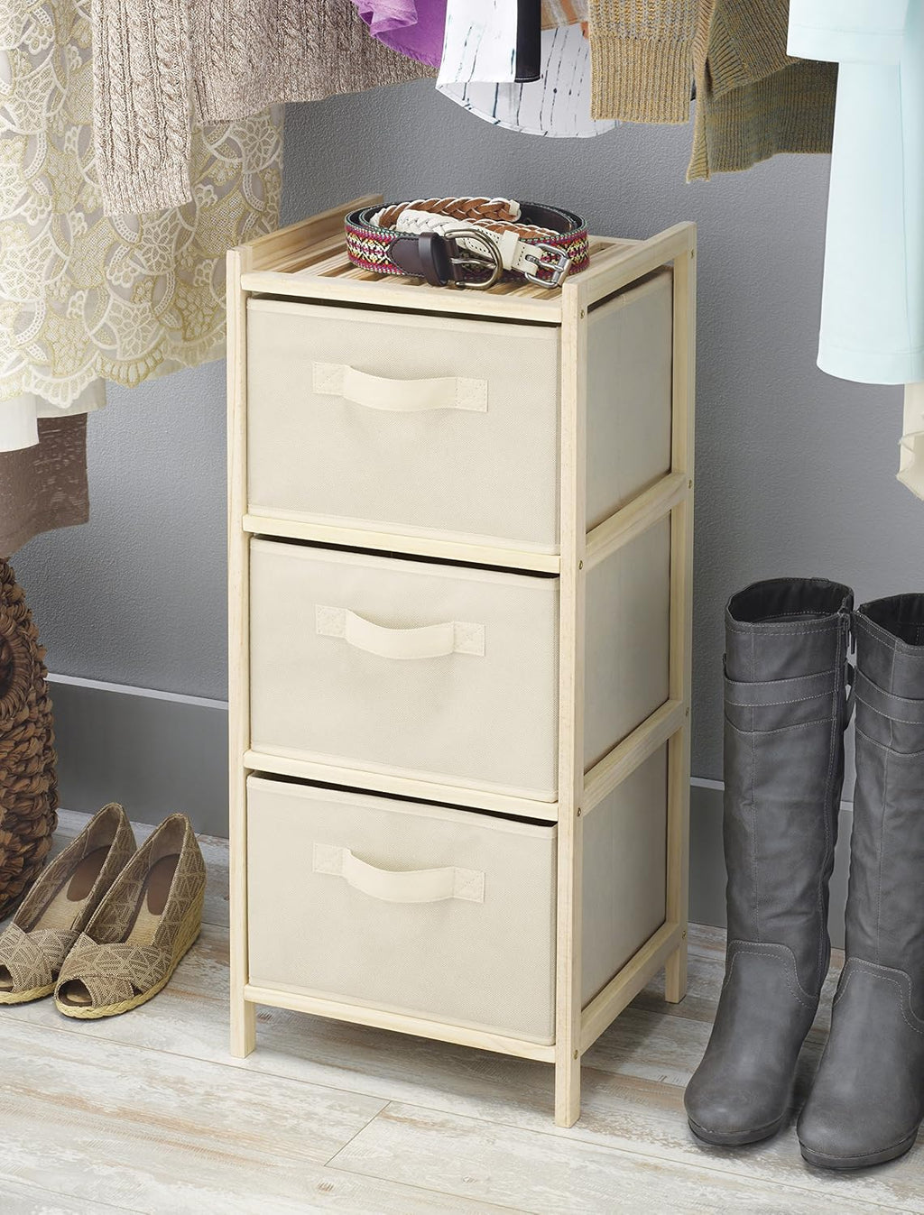 Pine Wood 3-Drawer Fabric Storage Chest