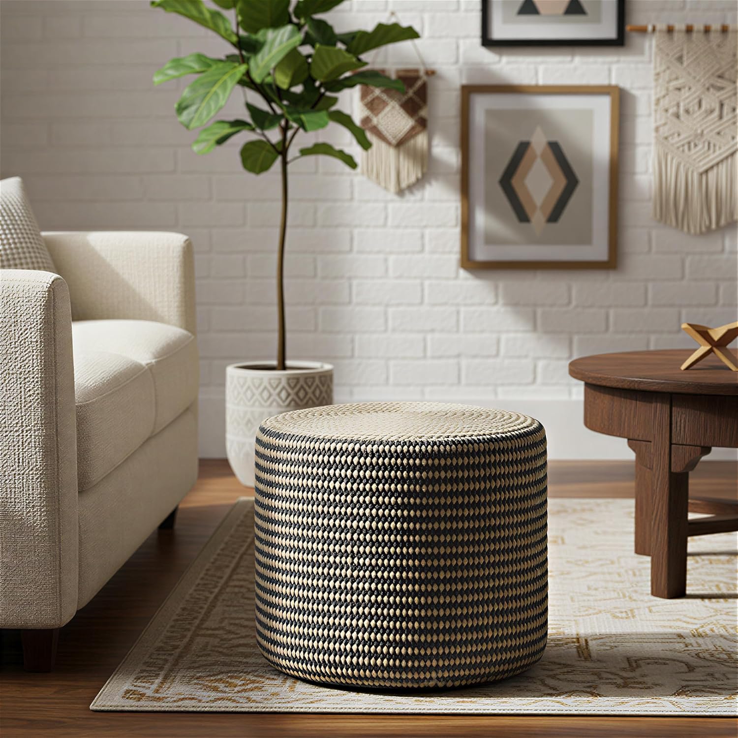 Hand Braided Jute Round Pouf Ottoman Foot Stool