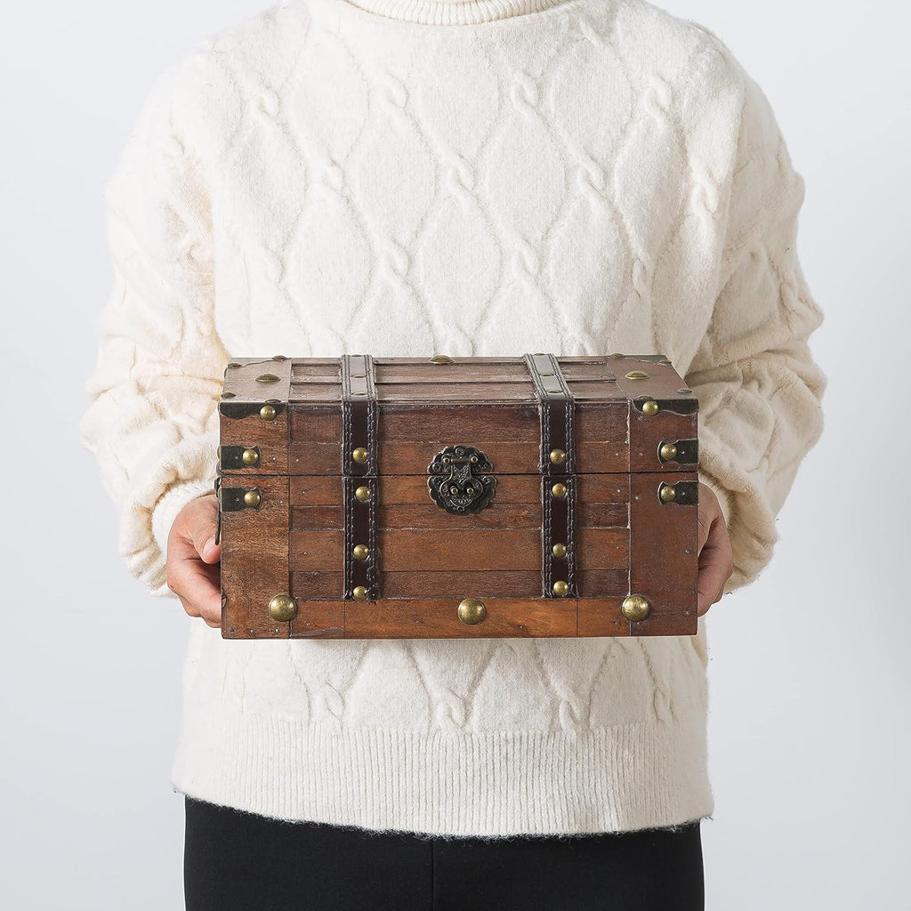 Vintage Small Wooden Treasure Chest with Hinged Lid