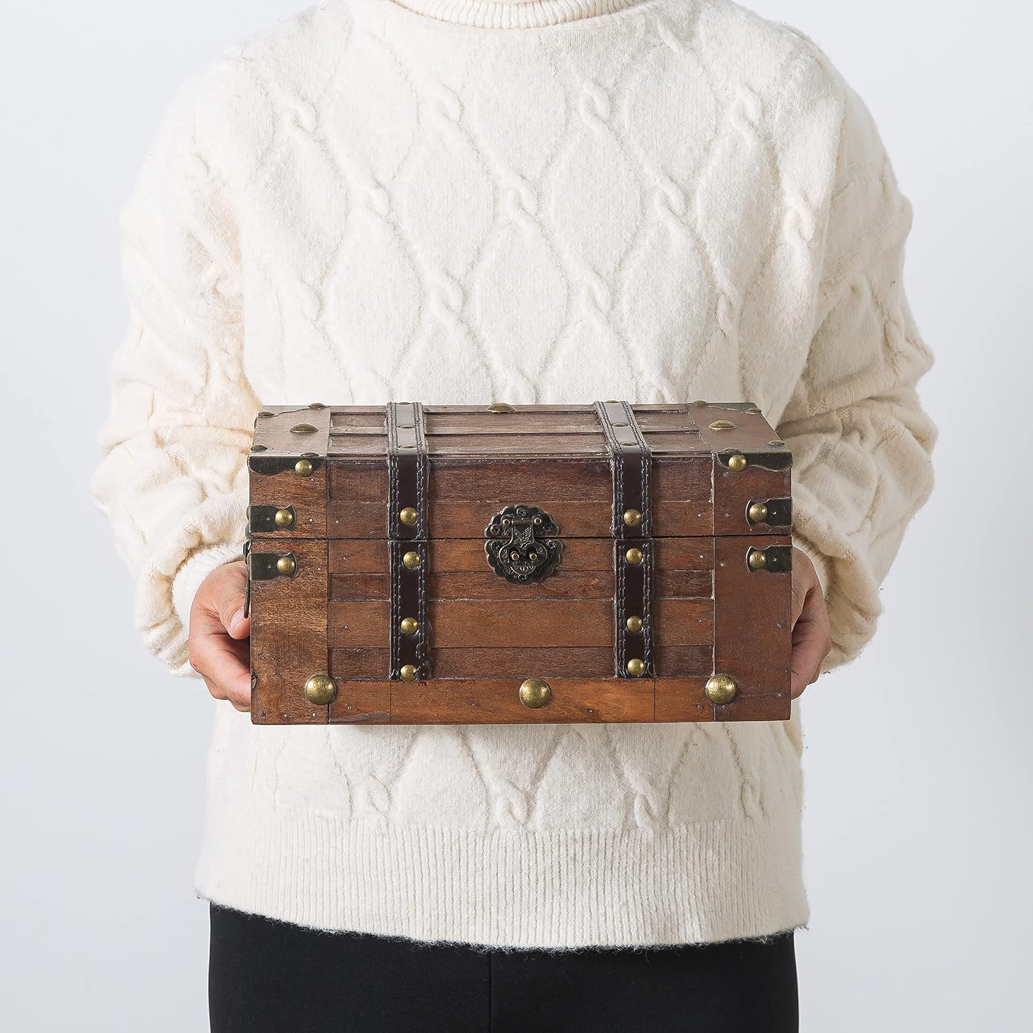 Vintage Small Wooden Treasure Chest with Hinged Lid