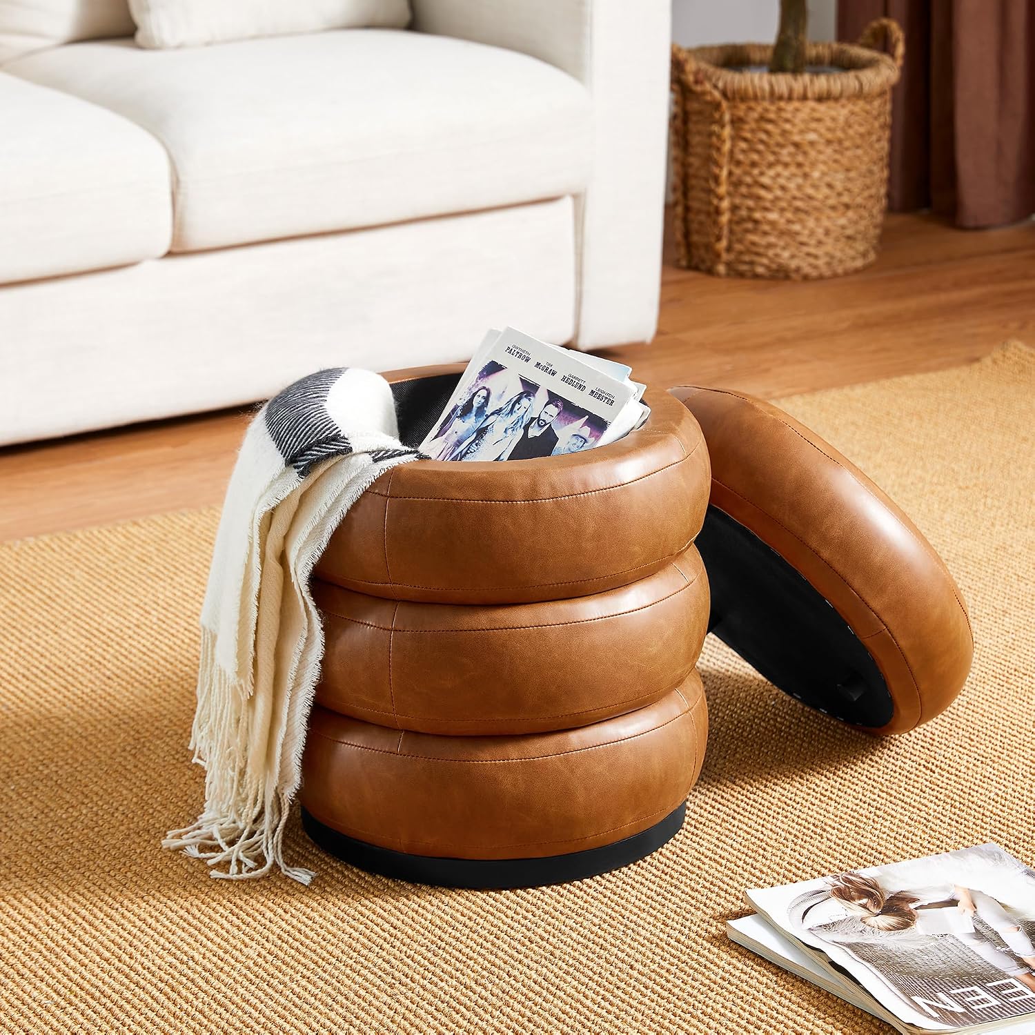 Brown Round Leatherette Storage Vanity Ottoman Stool