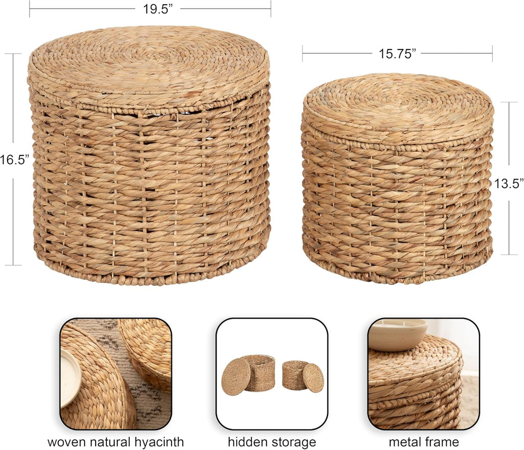 2 Pack Lift-Top Rattan Round Storage Side Ottoman Tables