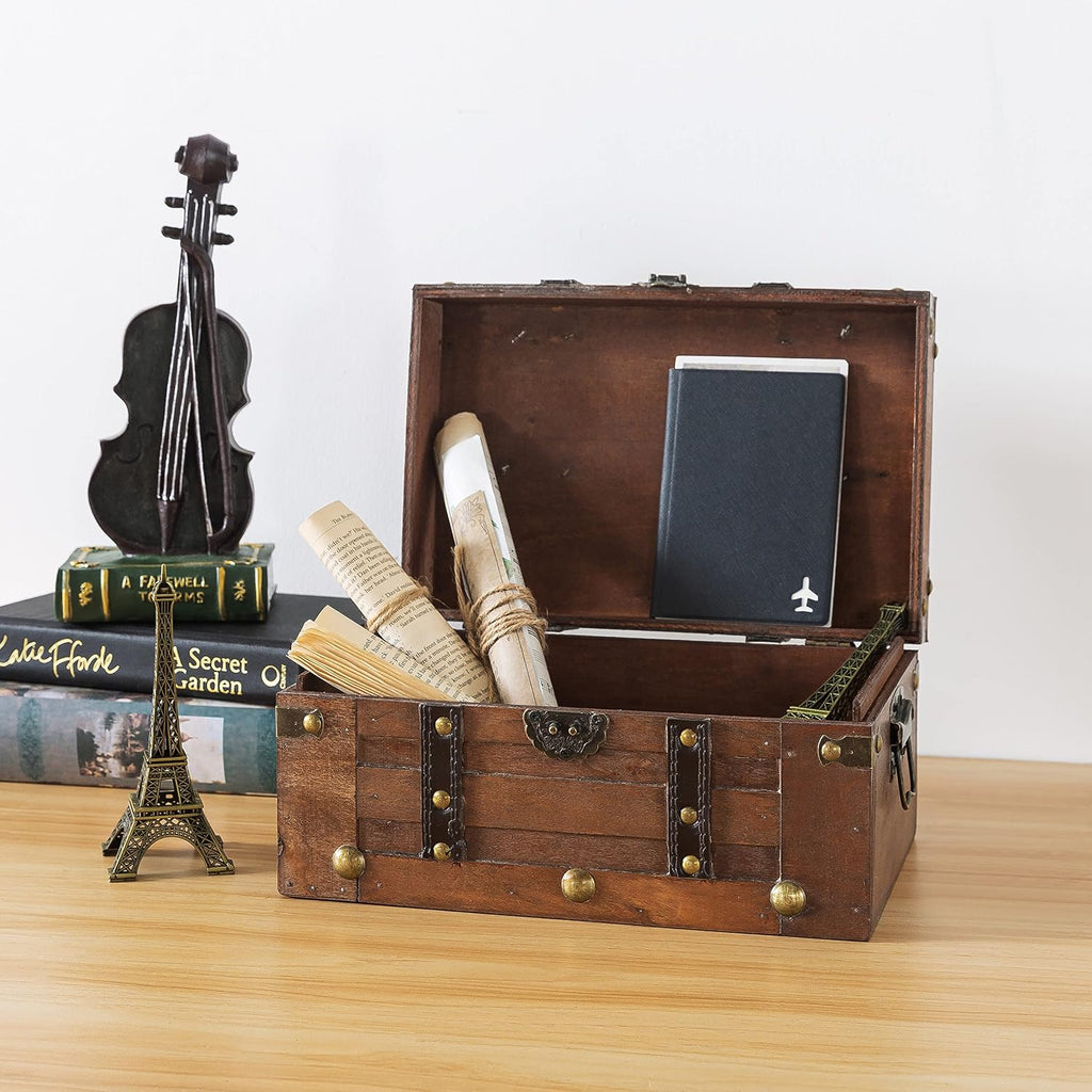 Vintage Small Wooden Treasure Chest with Hinged Lid
