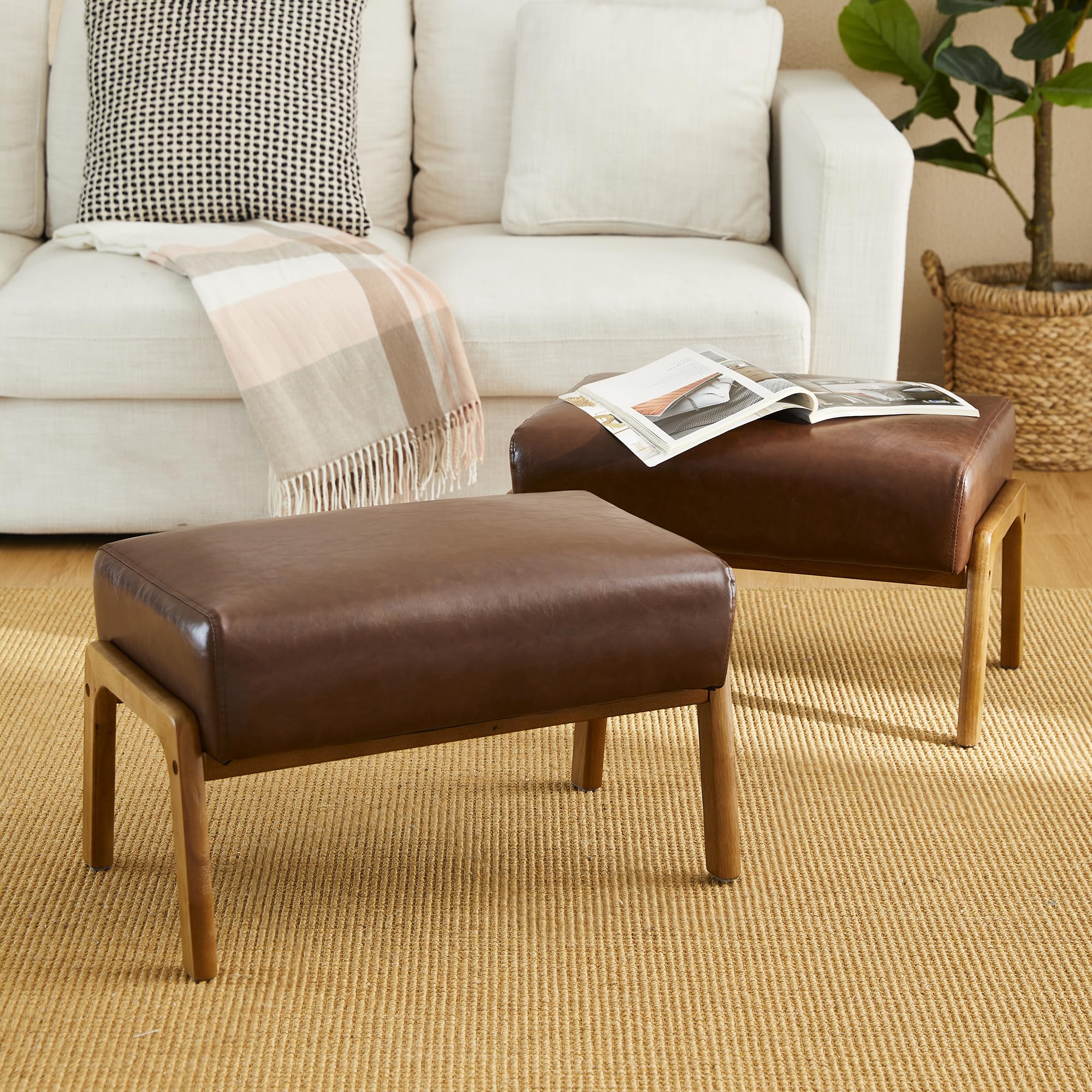 Brown Leatherette Wood Frame Padded Foot Stool