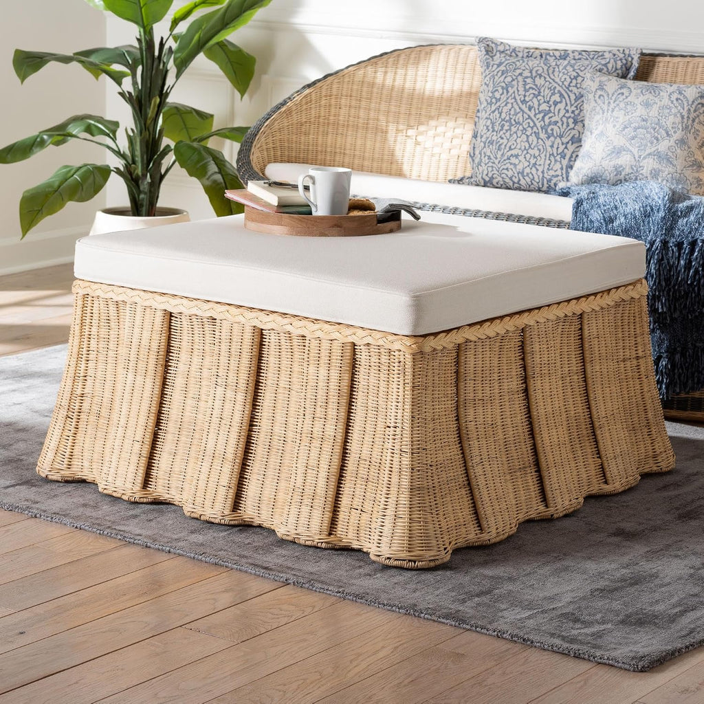 Large Handwoven Rattan Ottoman with Soft Cushion