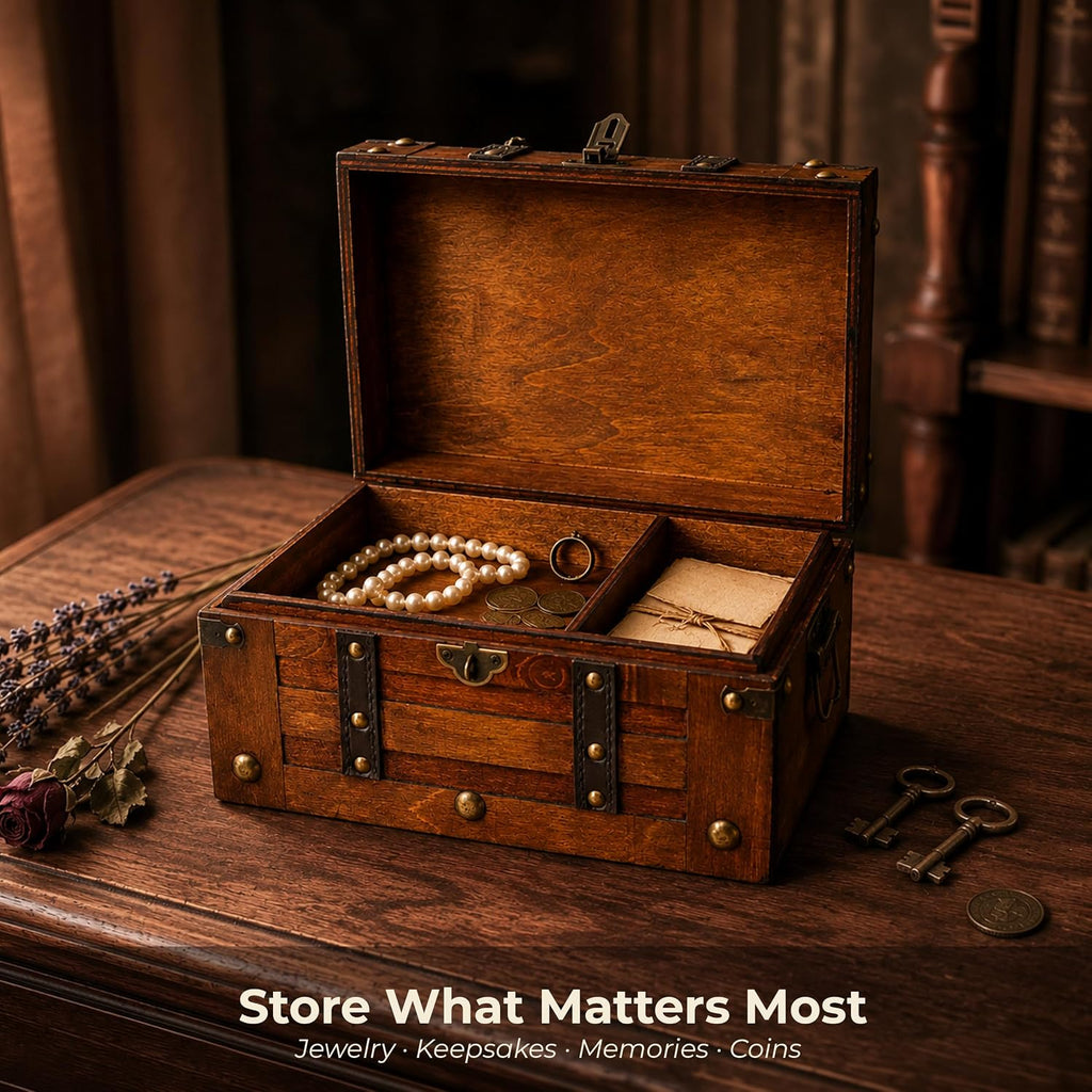 Small Wooden Treasure Chest with Tray & Antique Lock
