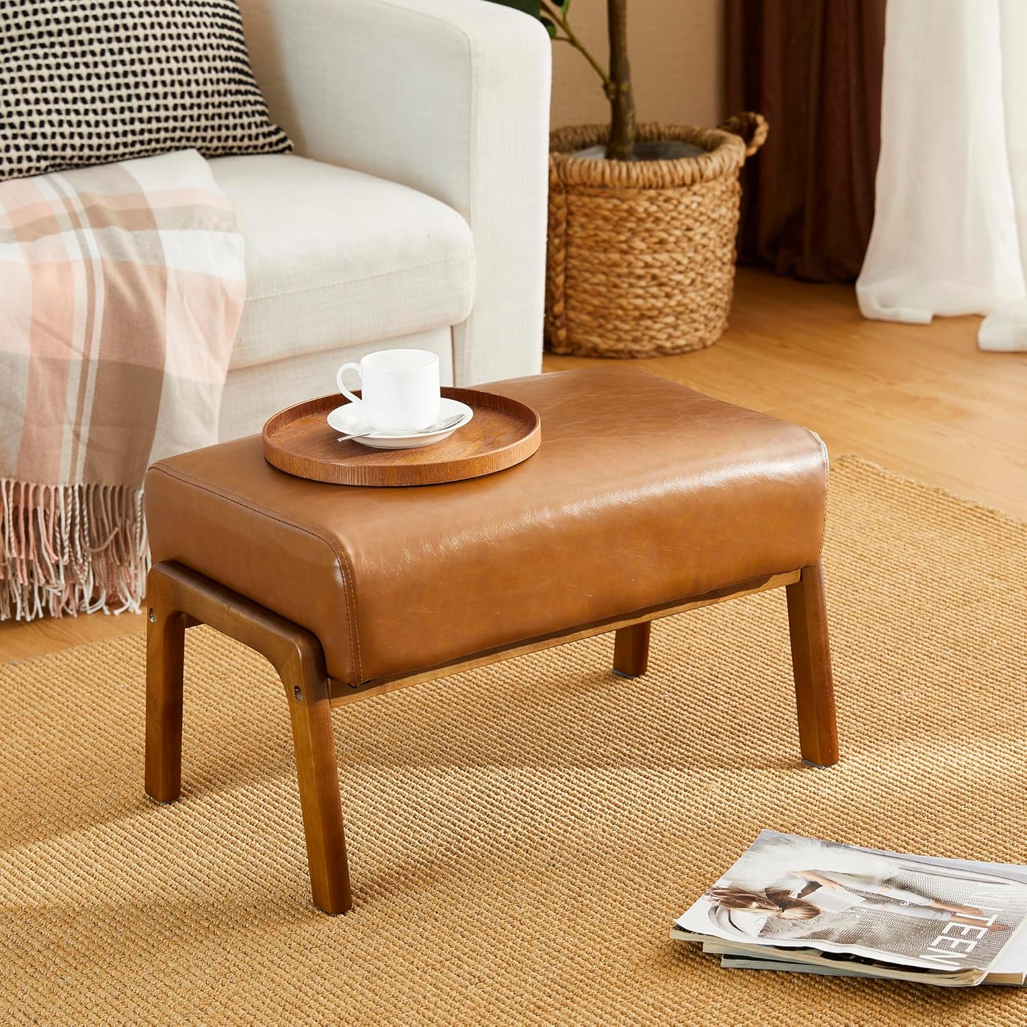 Brown Leatherette Wood Frame Padded Foot Stool